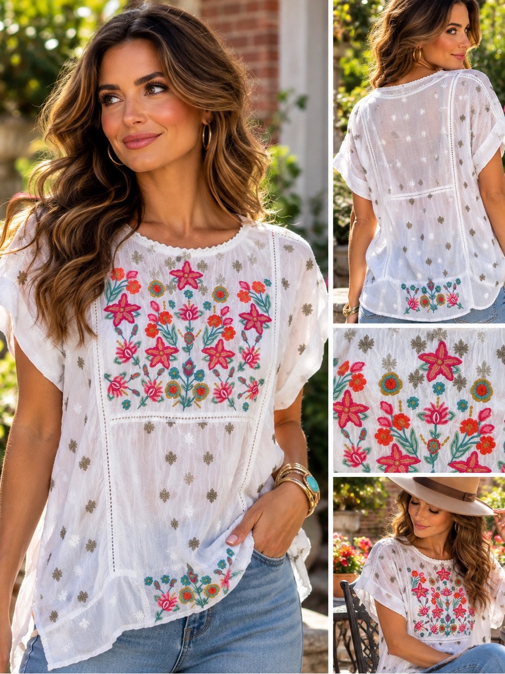 Johnny Was White Floral Embroidered Boho Tunic Blouse Size XS
